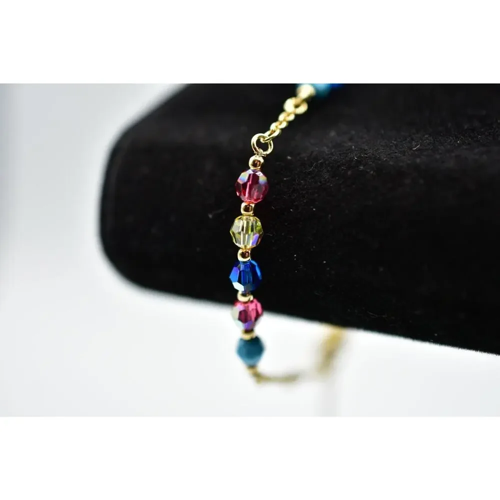 Swarovski Crystal Beaded Bracelet AB Blue Pink Gold Tone Chain Swan Signed Bin7